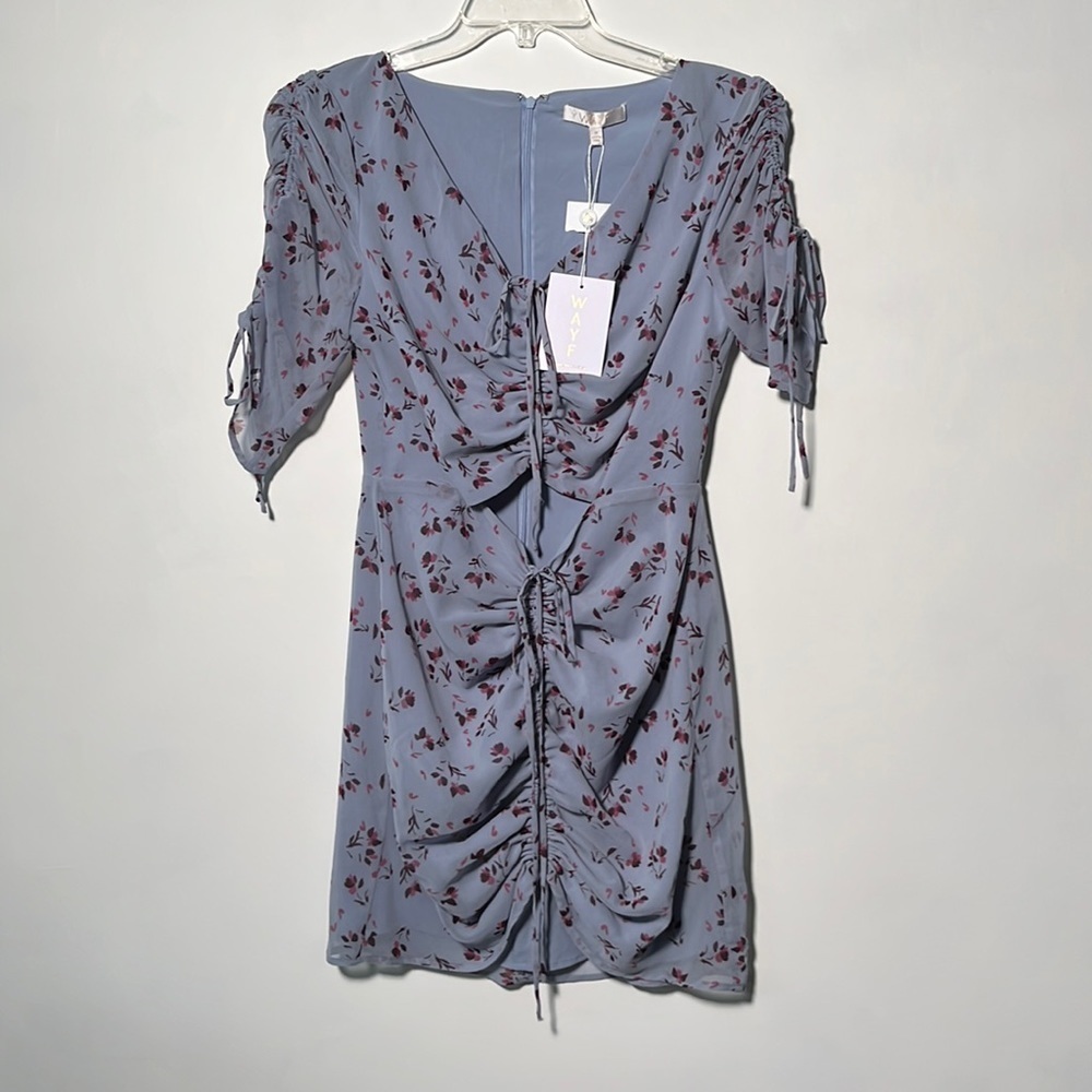 WAYF NWT Larissa Drawstring Ruffle Blue Floral Peekaboo Cut Out party Dress SZ M - Picture 4 of 14